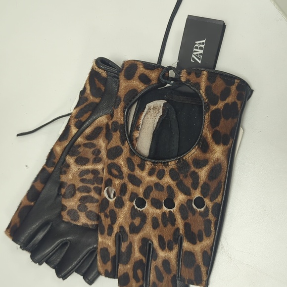 Zara  Leopard animal print leather Fingerless  gloves NWT - Picture 6 of 7